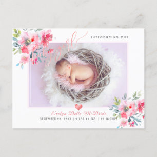 Carte Postale Faire-part PixDezines Flowers+Baby Girl, Faux Foil Script