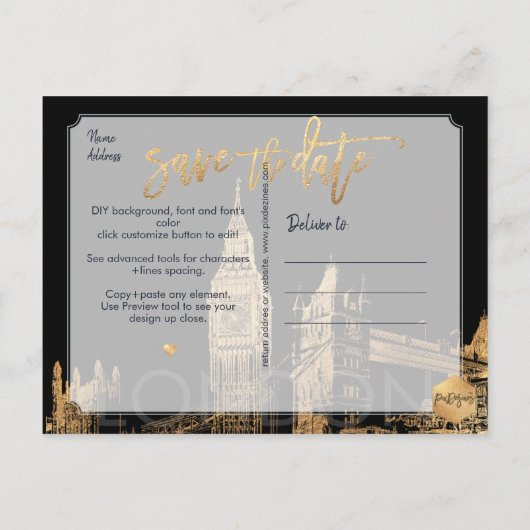 Carte Postale Faire-part PixDezines/LONDRES Enregistrer la date/Faux Gold (Dos)