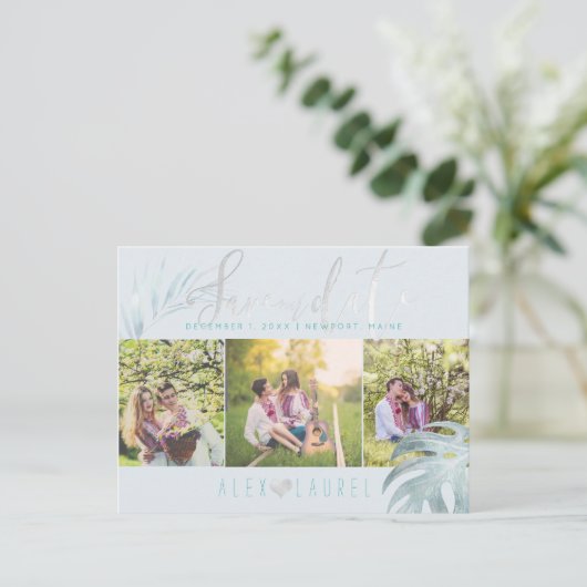Carte Postale Faire-part PixDezines Palms Sauver notre Date/Platinum+Aqua (Debout devant)