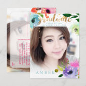 Carte Postale Faire-part PixDezines Photo de diplômé à l'aquarelle florale (Devant / Derrière)