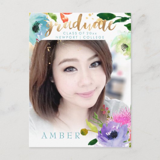 Carte Postale Faire-part PixDezines Photo de diplômé à l'aquarelle florale (Devant)
