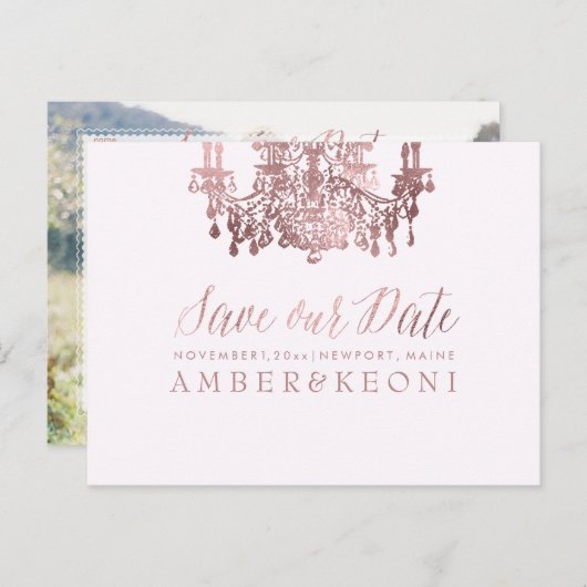 Carte Postale Faire-part PixDezines Rose Gold Chadelier/Photo/Save our Date (Devant / Derrière)