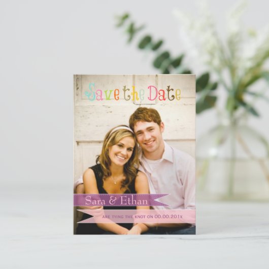 Carte Postale Faire-part PixDezines rose+violet enregistrer la date (Debout devant)
