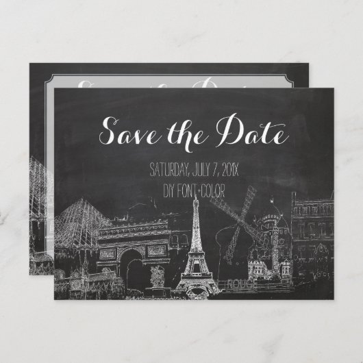 Carte Postale Faire-part PixDezines/Save Date/Chalkboard/Paris Sketched (Devant / Derrière)