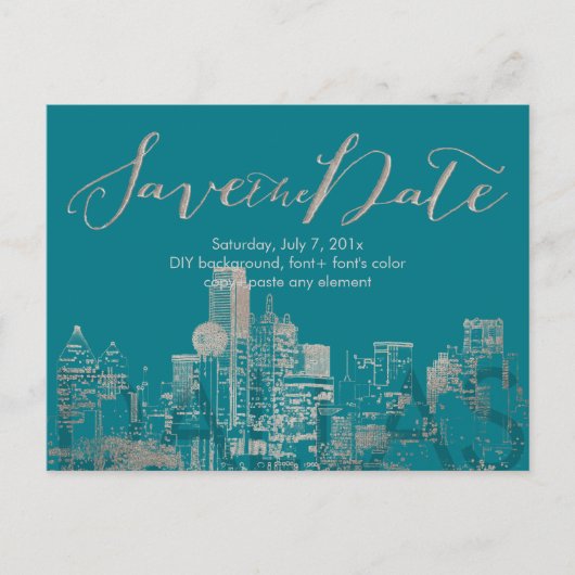 Carte Postale Faire-part PixDezines/Save Date/Faux Silver/Dallas Skyline (Devant)