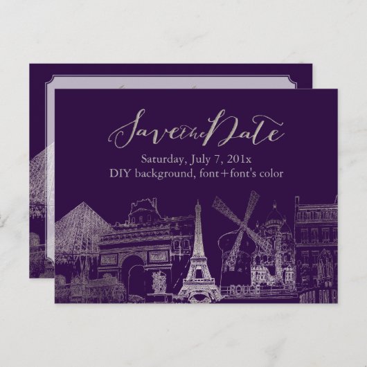 Carte Postale Faire-part PixDezines/Save Date/Faux Silver/Paris Sketched (Devant / Derrière)