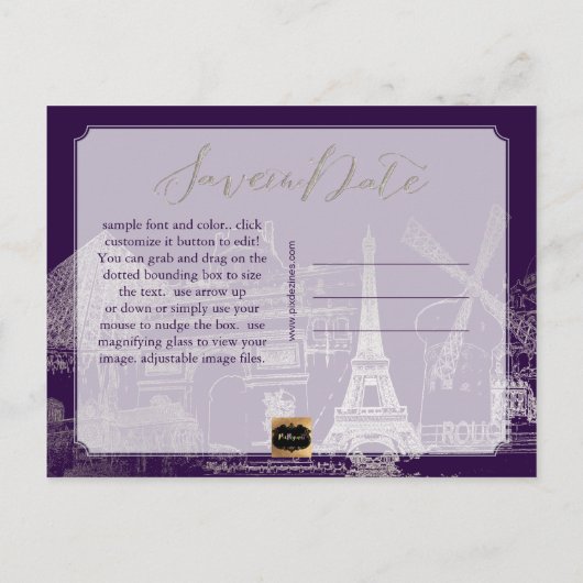 Carte Postale Faire-part PixDezines/Save Date/Faux Silver/Paris Sketched (Dos)