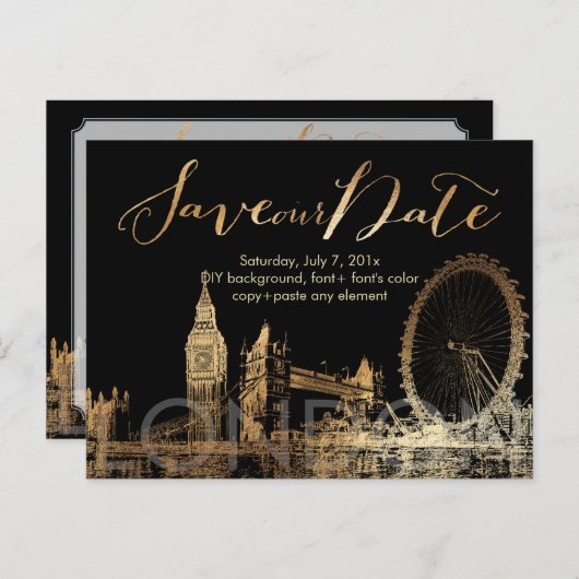 Carte Postale Faire-part PixDezines/Save Date/Gold/London Skyline (Devant / Derrière)