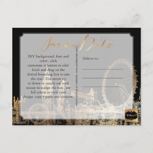 Carte Postale Faire-part PixDezines/Save Date/Gold/London Skyline (Dos)