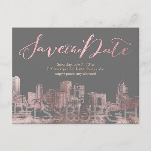 Carte Postale Faire-part PixDezines/Save Date/Pink Gold/Pittsburgh Skyline (Devant)