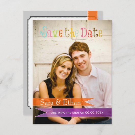 Carte Postale Faire-part PixDezines violet+orange enregistrer la date (Devant / Derrière)