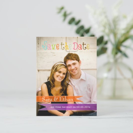 Carte Postale Faire-part PixDezines violet+orange enregistrer la date (Debout devant)