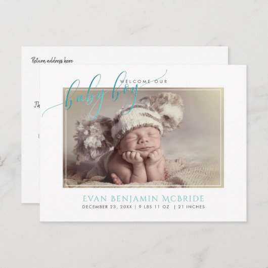 Carte Postale Faire-part PixDezines Welcome Baby Boy, Faux Foil Script (Devant / Derrière)