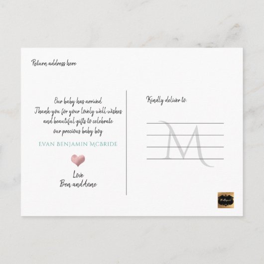 Carte Postale Faire-part PixDezines Welcome Baby Boy, Faux Foil Script (Dos)