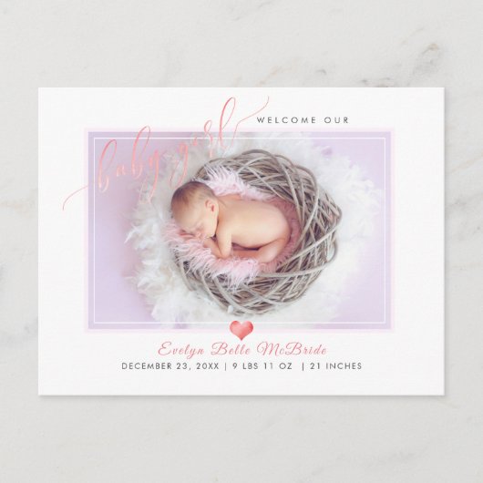 Carte Postale Faire-part PixDezines Welcome Baby Girl, Faux Foil Script (Devant)
