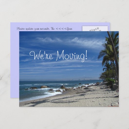 Carte Postale Faire-part Plage aux Palmiers; Changement d'Adresse (Devant / Derrière)