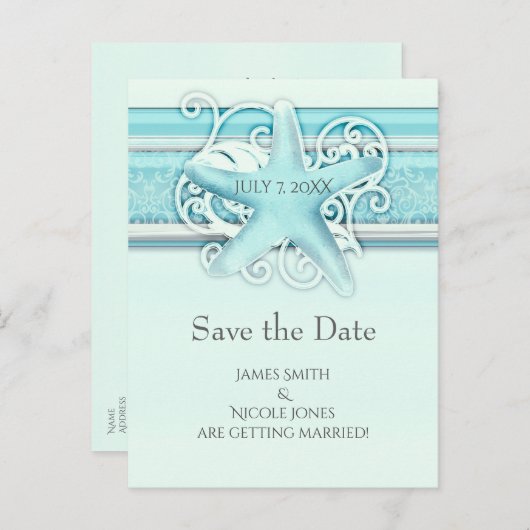 Carte Postale Faire-part Plage de l'étoile bleue Élégant mariage, Sauvegar (Devant / Derrière)