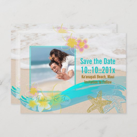 Carte Postale Faire-part Plage de PixDezines, starfis, enregistrer les date (Devant / Derrière)