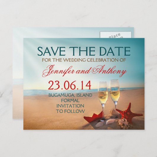 Carte Postale Faire-part plage enregistrer la date romantique (Devant / Derrière)