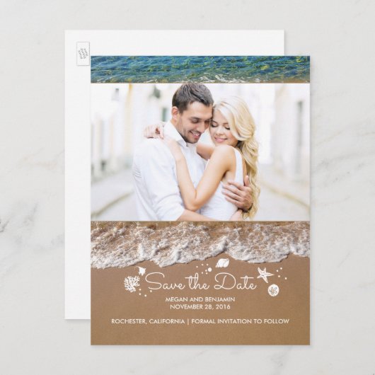 Carte Postale Faire-part Plage et Océan Treasures Photo Enregistrer la date (Devant / Derrière)