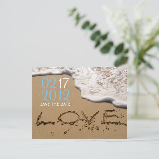 Carte Postale Faire-part Plage "L'amour dans le sable" Sauvez la date (Debout devant)