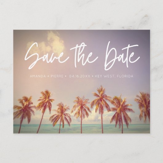 Carte Postale Faire-part Plage Mariage Palm Tree Budget Enregistrer la date (Devant)