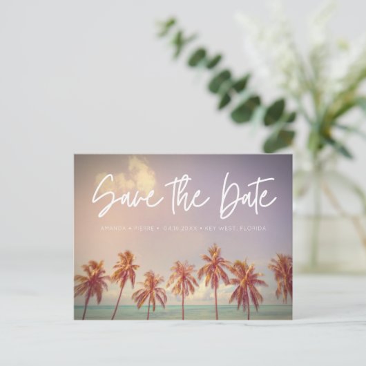 Carte Postale Faire-part Plage Mariage Palm Tree Budget Enregistrer la date (Debout devant)