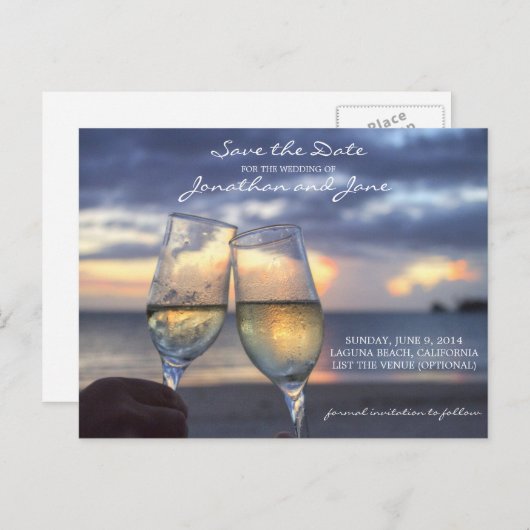 Carte Postale Faire-part Plage Ocean Mariage Champagne Glass Enregistrer la (Devant / Derrière)