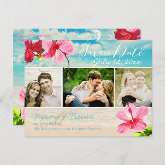 Carte Postale Faire-part Plage PixDezines+hibiscus maui rose sauvez la date (Devant / Derrière)