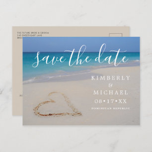 Carte Postale Faire-part Plage tropicale avec coeur de sable Économisez la