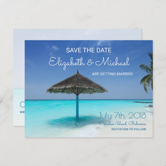 Carte Postale Faire-part Plage tropicale avec Mariage parapluie en chaume S (Devant / Derrière)