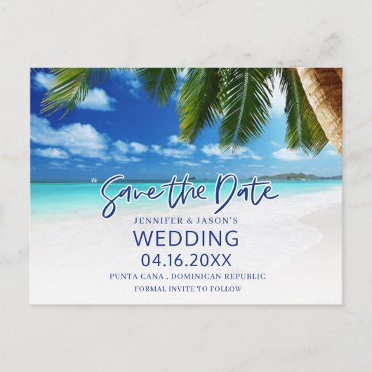 Carte Postale Faire-part Plage tropicale Destination Mariage Sauvez les dat (Devant)