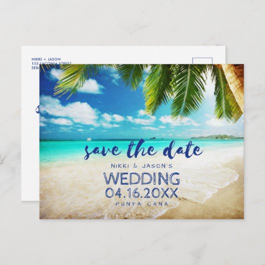 Carte Postale Faire-part Plage tropicale Destination Mariage Sauvez les dat (Devant / Derrière)