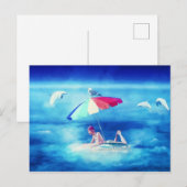 Carte Postale Faire-part Plage tropicale fille d'été vacances aquarelle (Devant / Derrière)