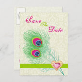 Carte Postale Faire-part Plume de paon bijou cœur mariage Save the Date (Devant / Derrière)
