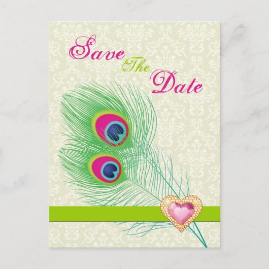 Carte Postale Faire-part Plume de paon bijou cœur mariage Save the Date (Devant)