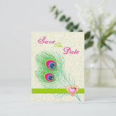 Carte Postale Faire-part Plume de paon bijou cœur mariage Save the Date (Debout devant)