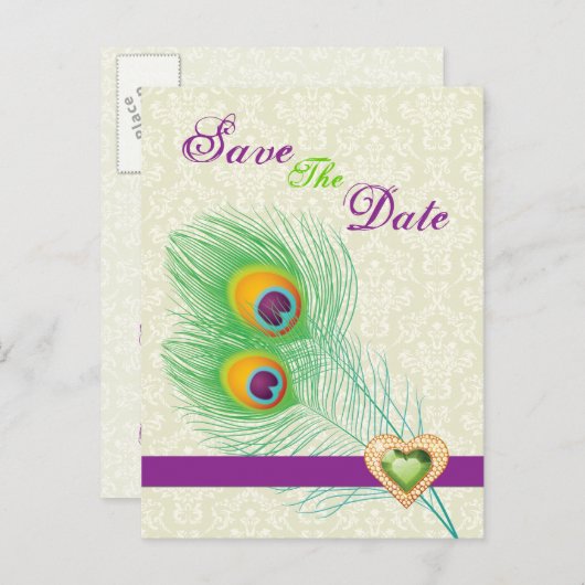 Carte Postale Faire-part Plume de paon bijou cœur mariage Save the Date (Devant / Derrière)