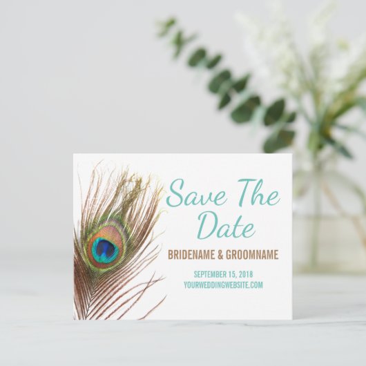 Carte Postale Faire-part Plume de paon Enregistrer la date (Debout devant)