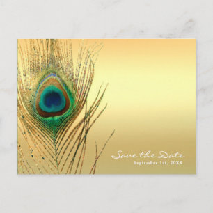Carte Postale Faire-part Plume de Paon Or Exotique Boho Save the Date