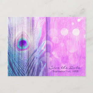 Carte Postale Faire-part Plume de Paon Rose & Bleu Boho Économisez la Date