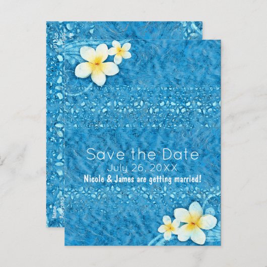 Carte Postale Faire-part Plumeria Tropicale Bleu Été Enregistrer La Date (Devant / Derrière)