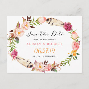 Carte Postale Faire-part Plumes bohème Boho Floral Wreath Enregistrer la da