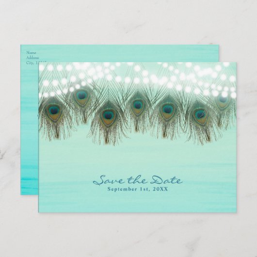 Carte Postale Faire-part Plumes de paon & Lumières Rustique Enregistrer la (Devant / Derrière)