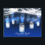 Carte Postale Faire-part Plumes de paon, pot Mason et lumières Enregistrez<br><div class="desc">Carte postale Plumes de paon,  pot Mason et lumières Enregistrez la date. Personnalisé pour tout événement.</div>