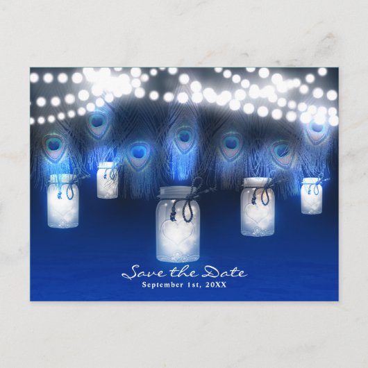 Carte Postale Faire-part Plumes de paon, pot Mason et lumières Enregistrez (Devant)