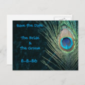 Carte Postale Faire-part Plumes de paon vert foncé Enregistrer la date (Devant / Derrière)