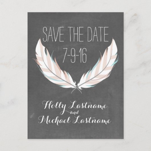 Carte Postale Faire-part Plumes + Mariage en tableau noir Enregistrer la da (Devant)