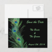 Carte Postale Faire-part Plumes Vertes avec Épinglez la Date sur Noir (Devant / Derrière)