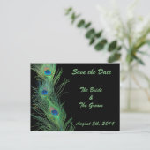 Carte Postale Faire-part Plumes Vertes avec Épinglez la Date sur Noir (Debout devant)